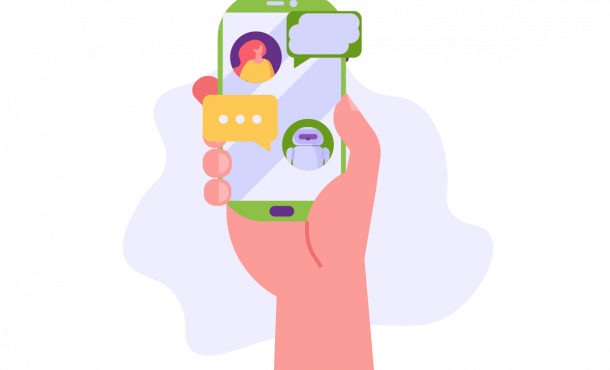 An illustration of a hand holding a phone while talking to a chatbot.
